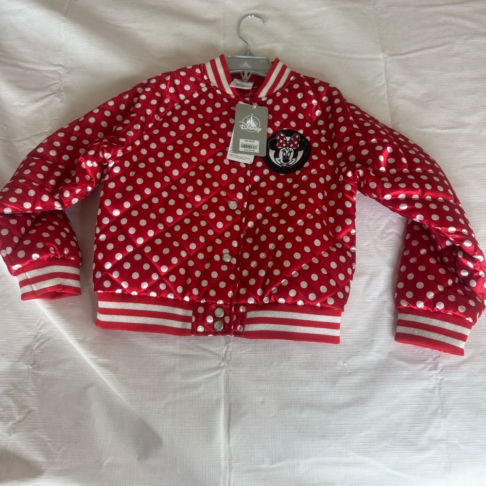 Disney Store Minnie Mouse Red & White Polka Dot Varsity Jacket Girls 5-6